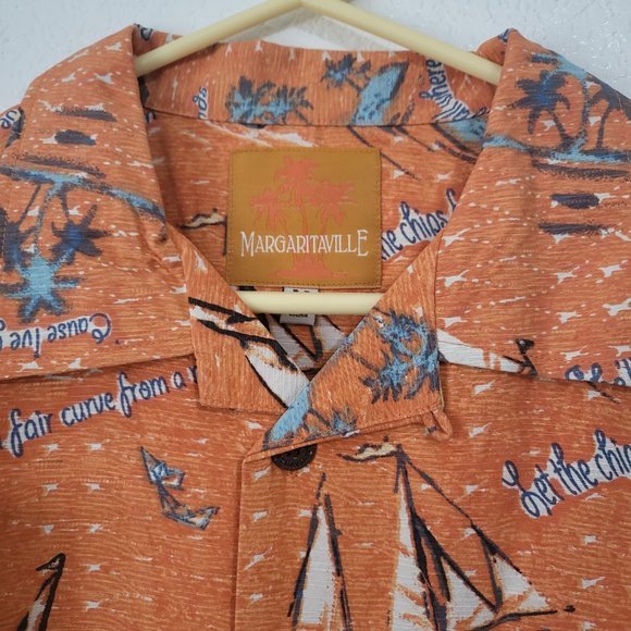 Men's Margaritaville Perfect Weather Hawaiian Button Up Orange Shirt - Picture 4 of 6